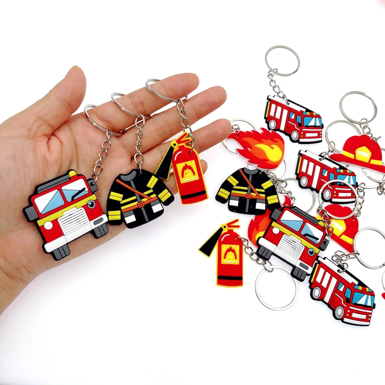 18/24/30pcs Firefighter Keychain Fire Truck Fireman Helmet Flame Silicone Keyring Boys Rescue Theme Birthday Party Favors Gifts view 4