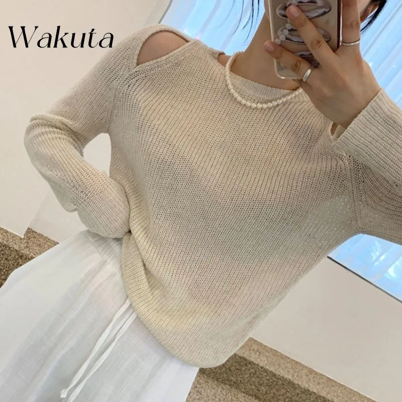 WAKUTA Off Shoulder Hollow Out Knit Tshirts Womens Sweaters Autumn New 2024 Solid Color O Neck Loose Elegant Pullovers Mujers