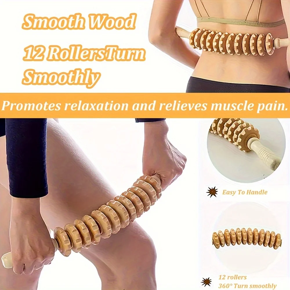 Wooden Massage Roller and Wood Back Massage Roller Rope,12 Rollers and 360° Turn Smoothly Curved Muscle Roller for Body Shaping