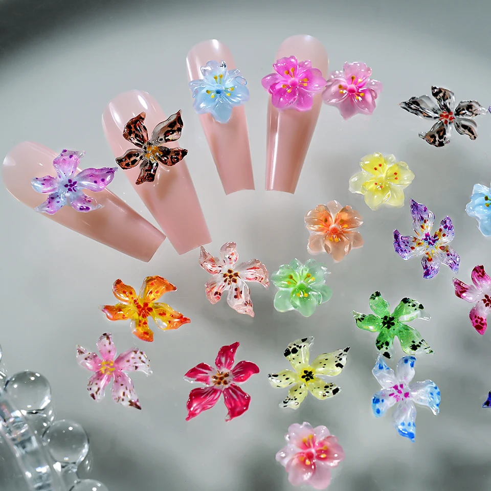 Adornos Florales 3D de Cerezo y Lirio 5D 8x10mm Mezcla de Flores de Lirio de Cristal de Hielo Decoración de Uñas Flores Degradadas 5