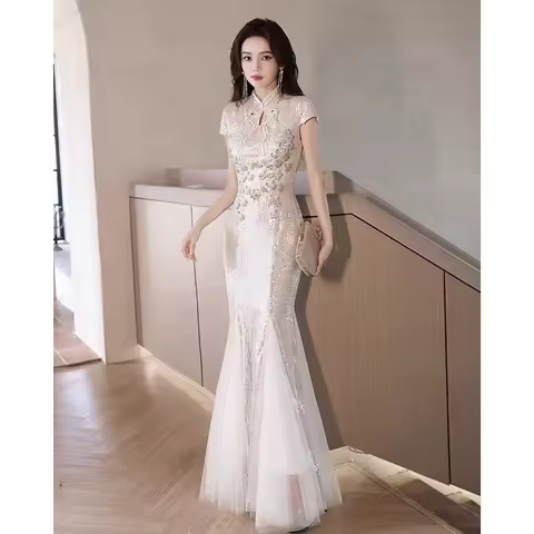 Mermaid Improved Cheongsam Evening Dress 2024 Sequined Western Style Light Luxury Hosting Banquet Qipao