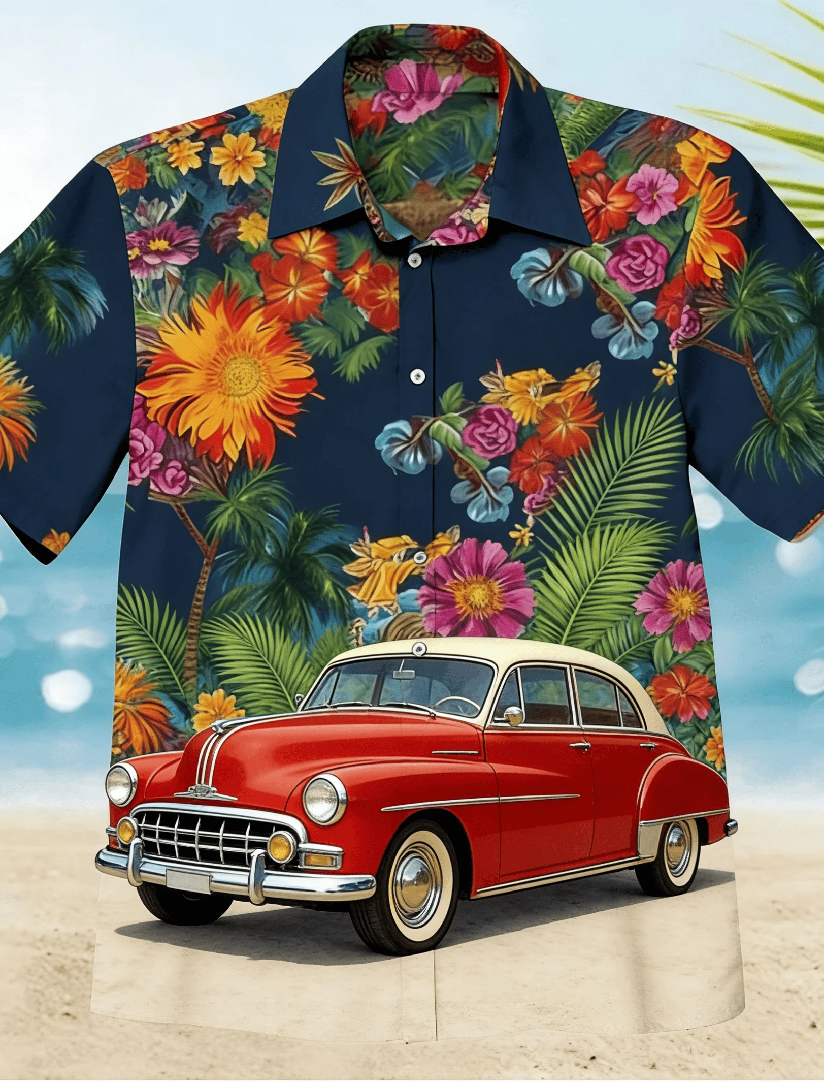 

Men's Vintage Car Tropical Floral Print Short Sleeve Shirt, Spring Summer American Vacation Blouse, Loose Casual Top