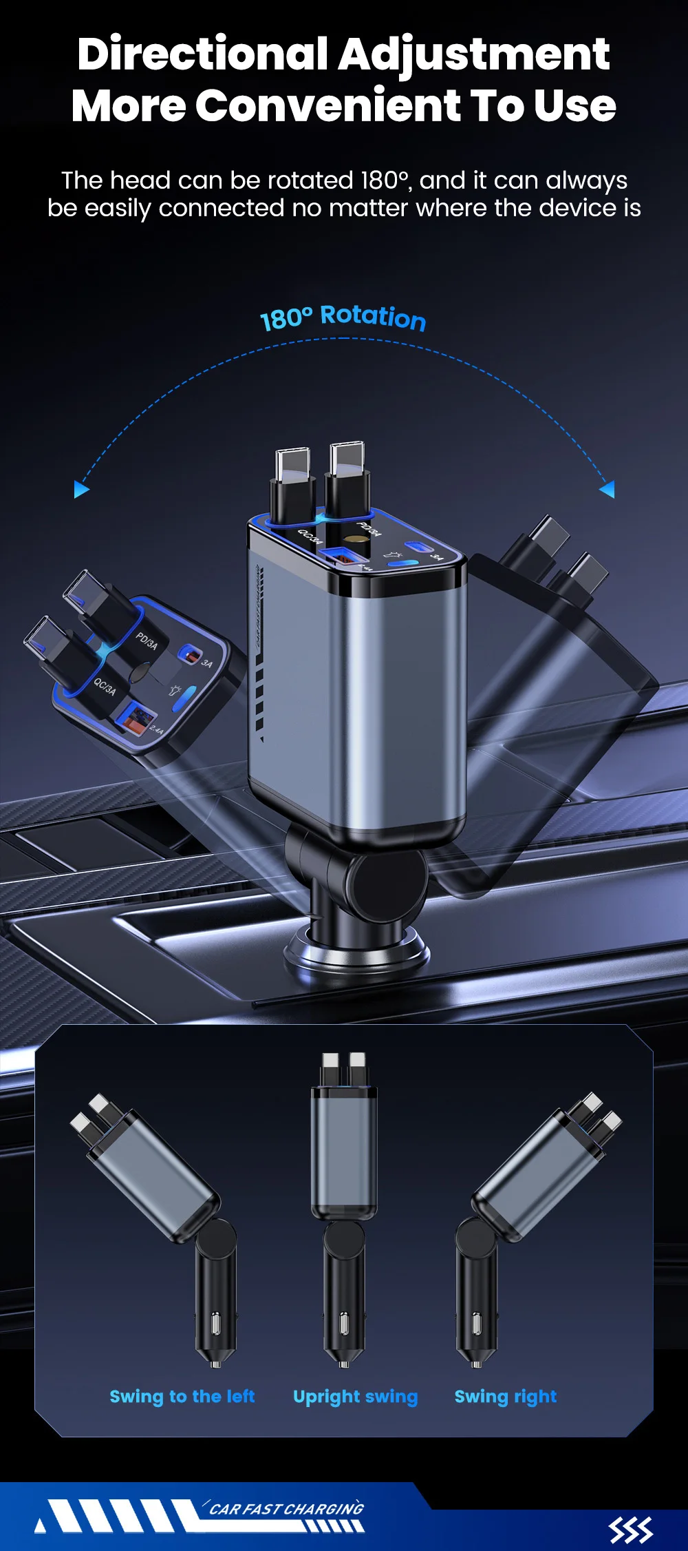 4-in-1-Autoladegerät mit Sternenhimmel-Spotlight, einziehbares Autoladegerät mit Ladekabel und 2 Ladeanschlüssen, universelles Autoladegerät – Detail 8
