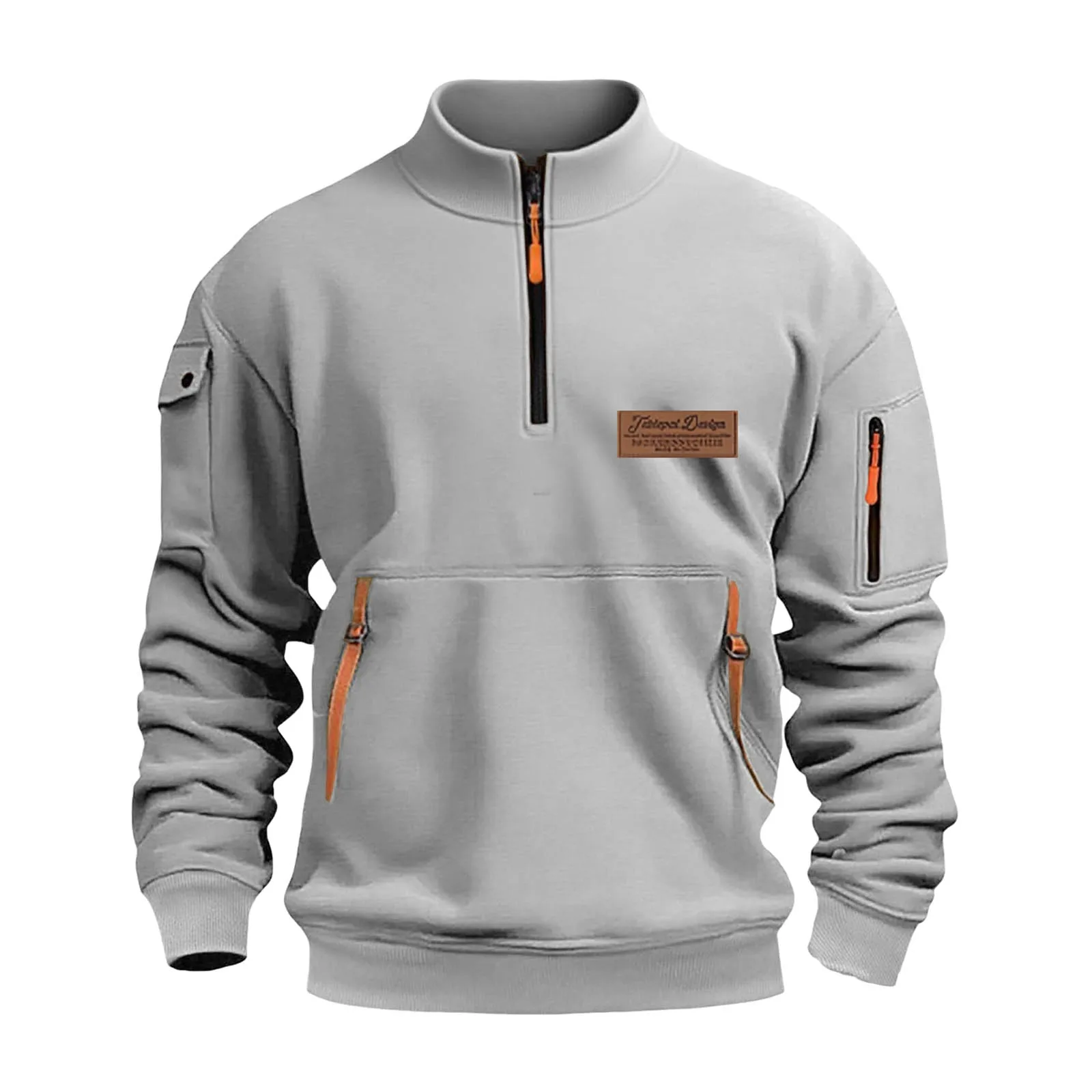 

Mens Hooded Sweatshirt Men's Hoodless Sweater Solid Color Chest Leather Label Large Pocket Half Zipper Hoodless Lingerie Men