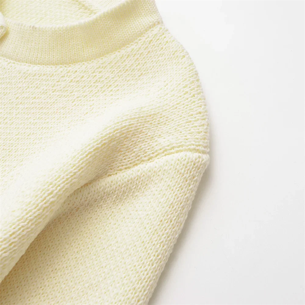 LIBIELIY 2025 Letnia Nowa Damska Europejska i Amerykańska Prosta Okrągła Dekolt Długi Rękaw Złoty Rozpinany Płaszcz Dzianinowy