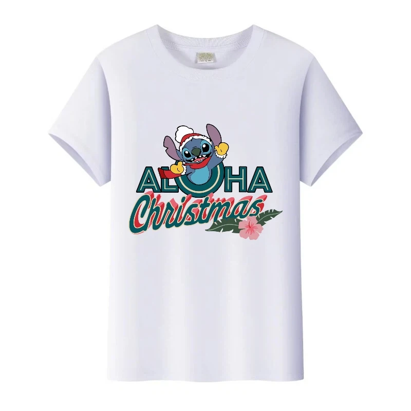 

Disney Stitch Cartoon Christmas Graphics Kids Blouses Hip Hop Boys Tops Family Man O-Neck T-Shirt Girls Women Clothes White Tees