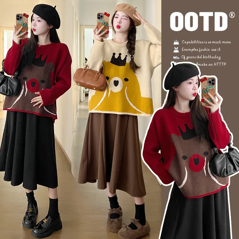 

Korean Style Pregnancy Set Autumn Cartoon Knit Sweater Stretch Wool Blend Skirt Two Piece Outfit Comfortable Chic Maternity Wear