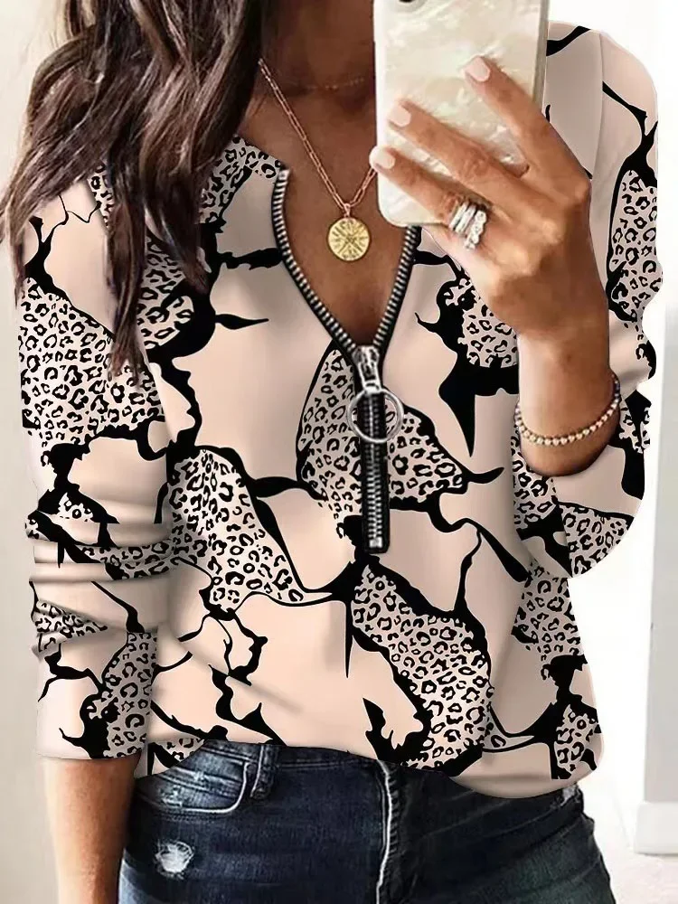 Frauen Print Zip Patchwork Schlank Bluse V Neck Vintage Gerade Lange Hülse Pullover Top Vintage Frühling Sommer Lose Shirts Blusa