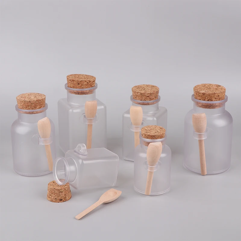 100-300g Refillable Frosted Seal Jar With Wooden Spoon Bath Salt ABS Bottle Soft Cork Storage Stopper Empty Travel Containers