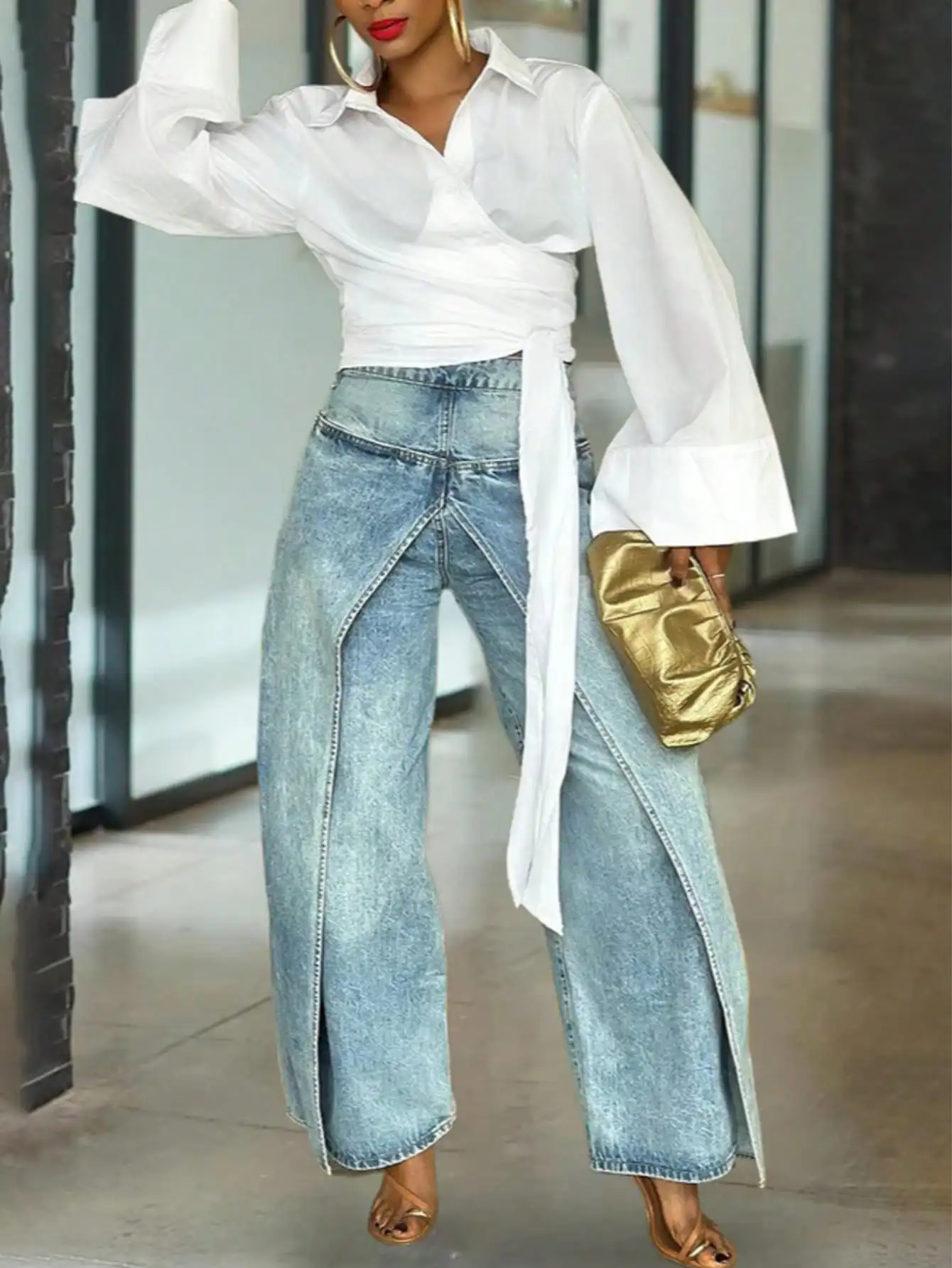 

Женские джинсы с высокой талией, широкими штанинами, боковым разрезом и эффектом многослойности, винтажный уличный стиль