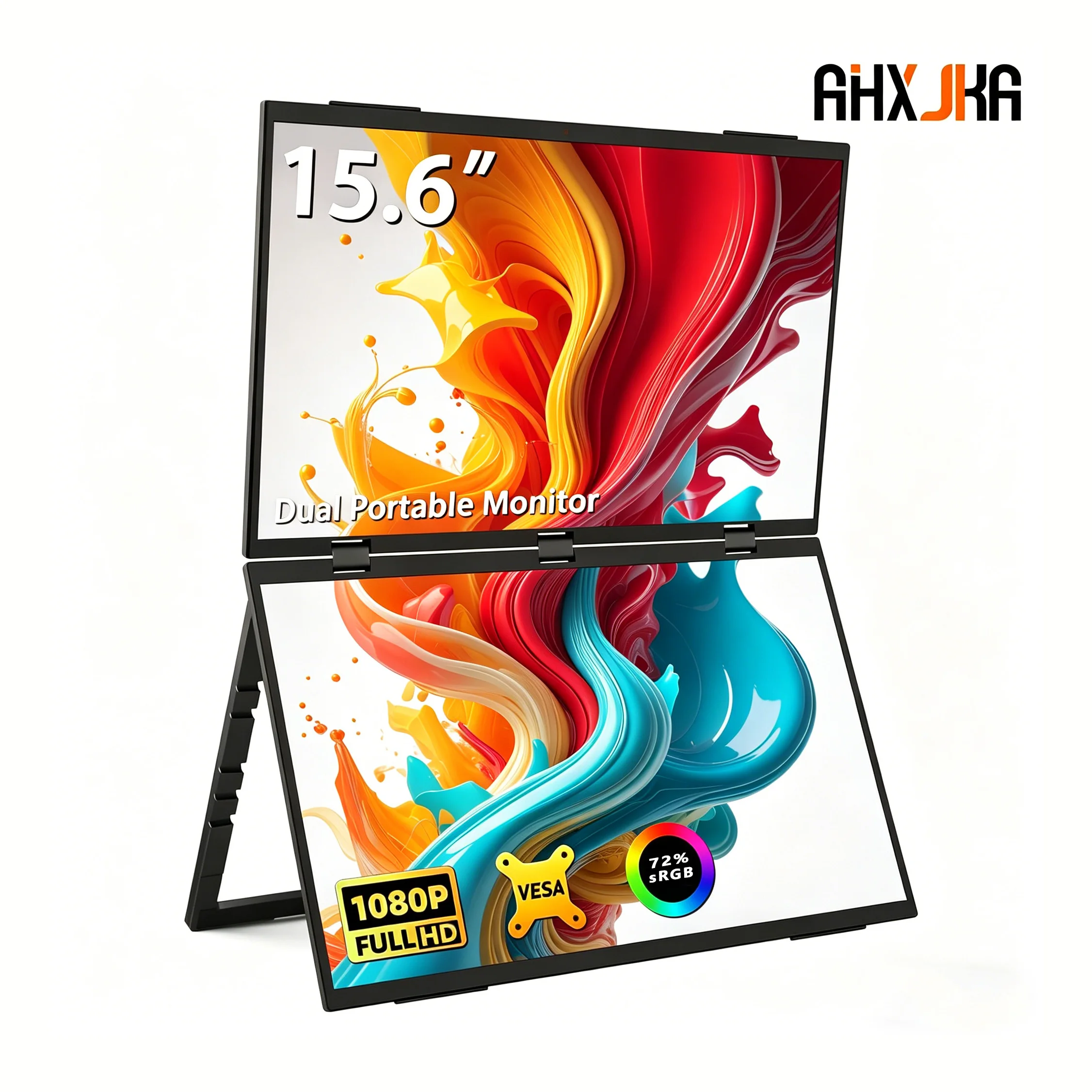 AHXJKA 15.6 Inch Dual Portable Monitor 72%sRGB FHD IPS Screen Extender Triple Folding With Type-C Mini HDMI For Laptop Phone PC