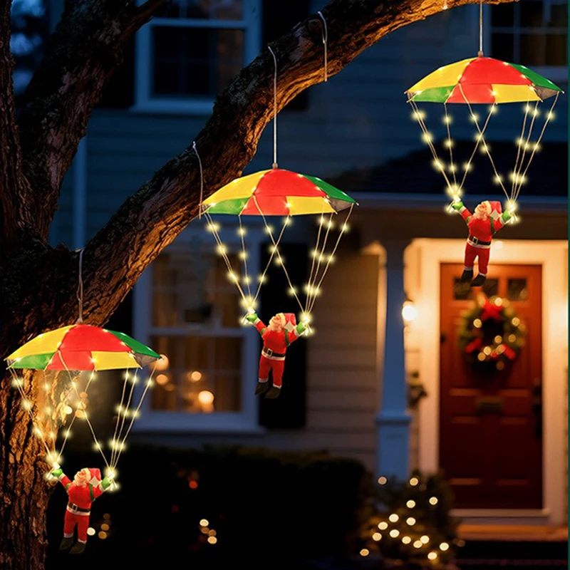 Parachute Lighting Fixture Santa Claus Hanging Deco Leather Wire Lamp Christmas Holiday Party Eaves Courtyard LED Light String