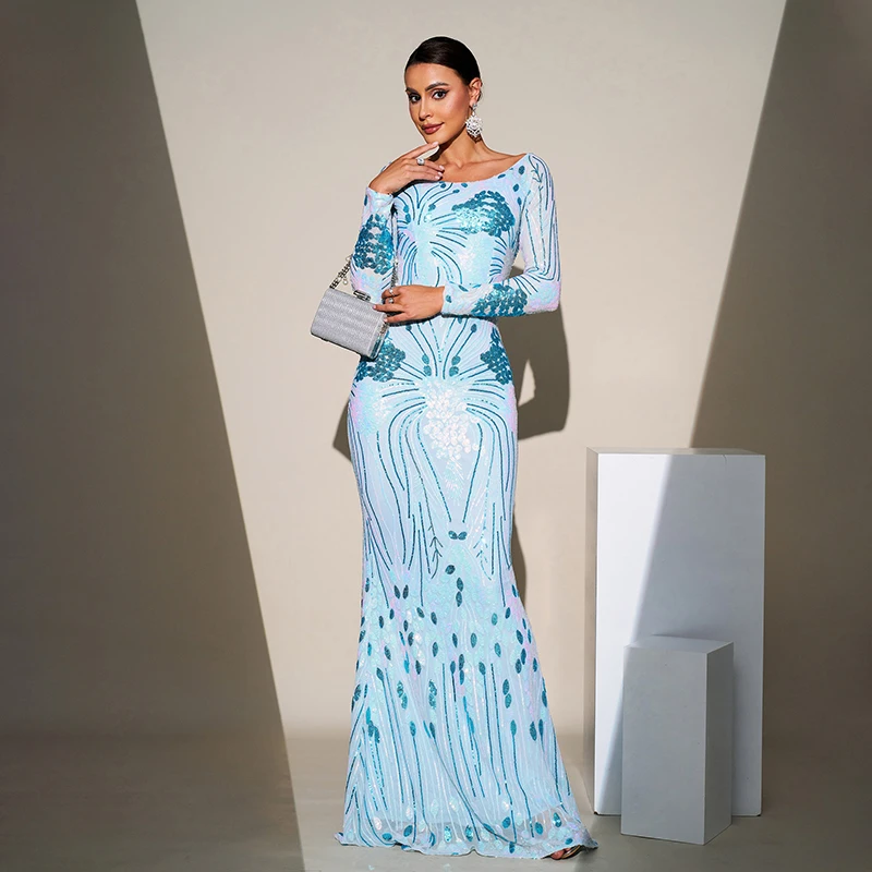 ชุดราตรีออกงานยาว แขนยาว คอทรงโอ สีน้ำเงิน ประดับเลื่อม สำหรับงานพรอม งานแต่งงาน แขกในงานแต่งงาน เพื่อนเจ้าสาว หรืองานเลี้ยงตอนเย็น ปี 2025