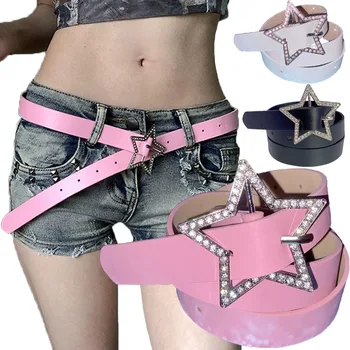 Y2K – ceinture à boucle étoile rose pour femmes, reliure élastique en cuir PU, Zircon scintillant, rétro, perceuse complète, décoration de mariée