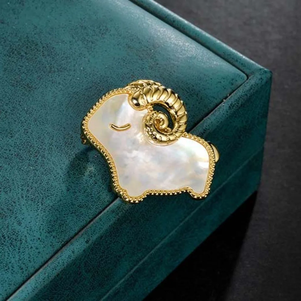 Exquisite Metal Golden Sheep Brooch Inlaid Rhinestone Curved Horns Animal Lapel Pin Colorful Crystals Glossy Shell
