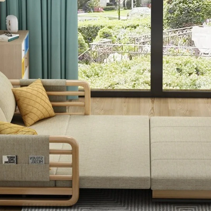 

Solid wood sofa bed, dual-purpose foldable multi-functional double Nordic fabric living room small apartment sitting
