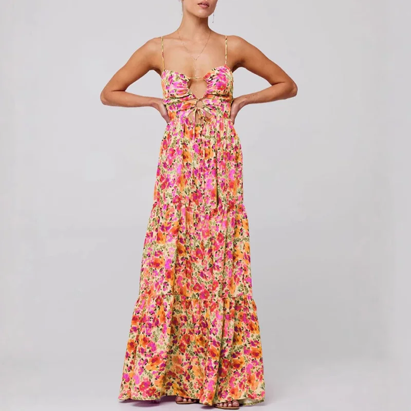 

Elegant Off Shoulder Pleated Party Dress Casual Summer Lace Up Beach Robe Dress Sweet Floral Print Women's Suspenders Long Dress