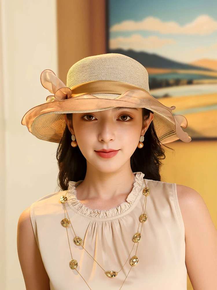 fashionable-spring-summer-sun-hat-women's-outdoor-travel-straw-hat-adjustable-round-top-breathable-polyester-fiber-beach-hat