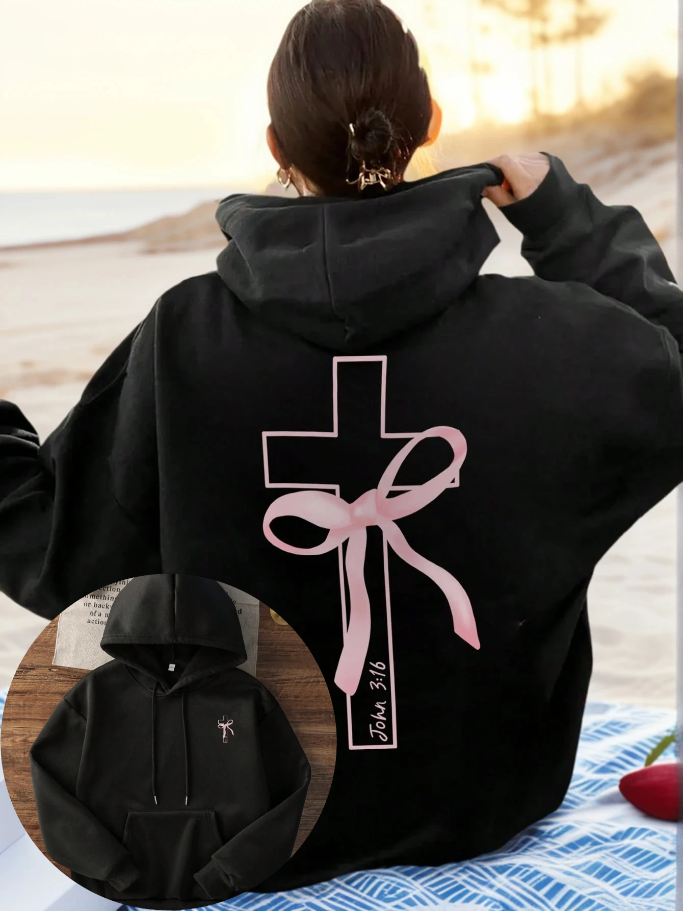 

Женская хлопковая толстовка с капюшоном черного цвета, розовый крест, розовый бант, принт с религиозным текстом, дизайн John 3 16, свободная посадка, осень-зима, теплая