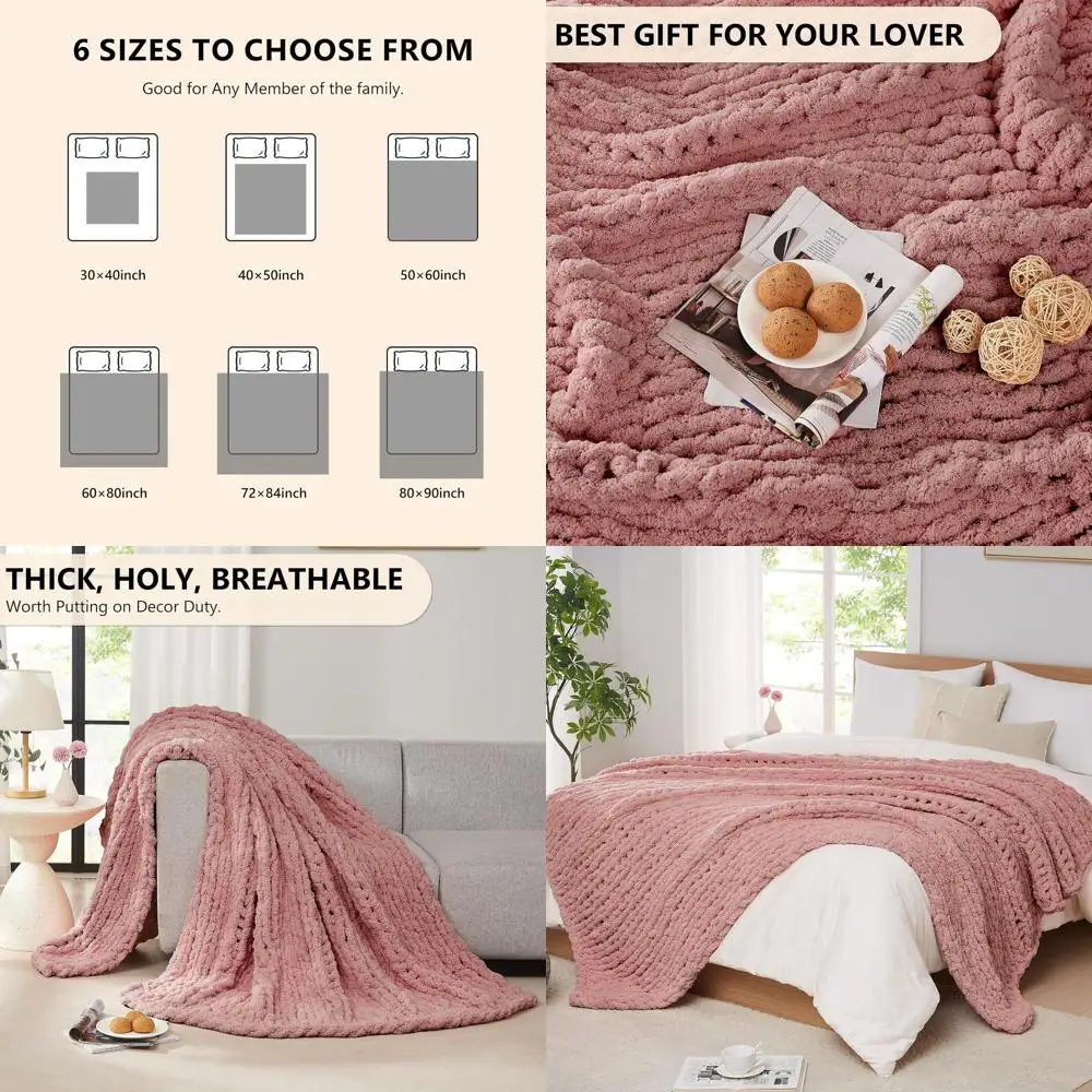 

Luxurious 80x90 Rose Pink Chenille Chunky Cable Knit Throw Blanket for Bed or Couch