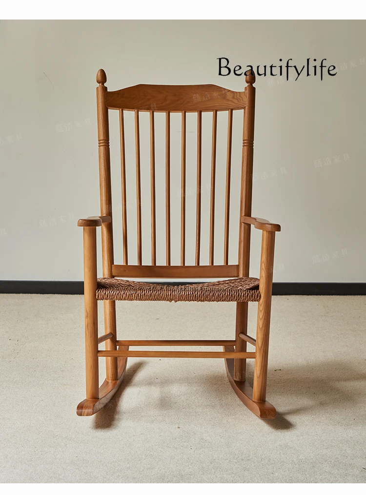 Rocking Chair Rope Woven Manila Rocking Chair Vintage with Armrest High Backrest Rocking Chair Bed & Breakfast Furniture