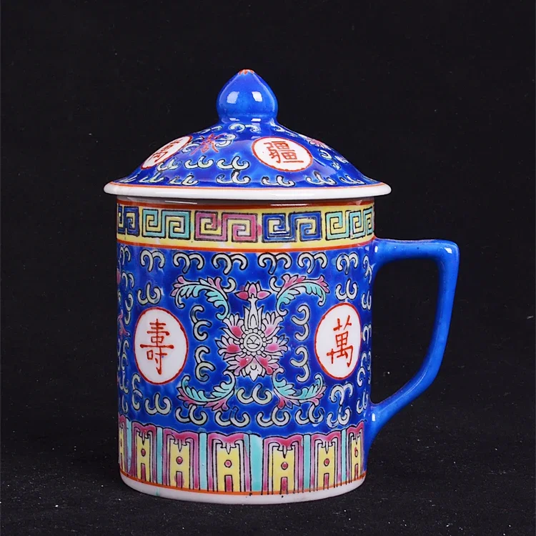 Taza de cerámica tradicional china Jingdezhen, taza de porcelana azul y blanca, taza de té roja/azul/amarilla con tapa, vasos de 300ml