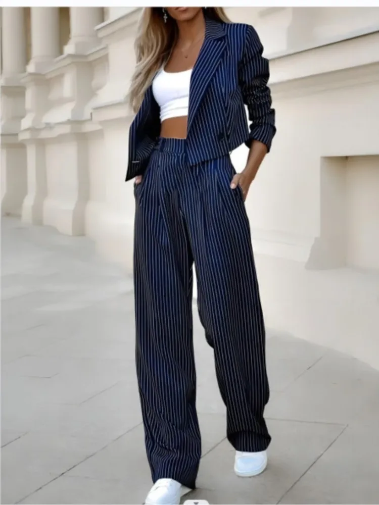 Moda de manga comprida lapela colheita topo + calças conjunto de 2 peças para as mulheres primavera outono casual listrado impressão terno de escritório feminino