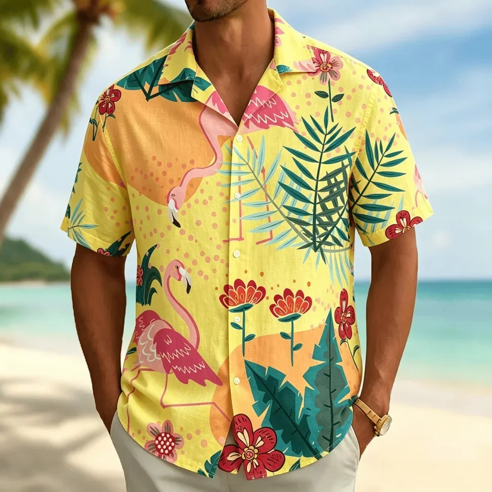 Men's Tropical Flamingo Print Short Sleeve Shirt Casual Hawaiian Button Down Top with Floral Leaf Accents for Spring Summer