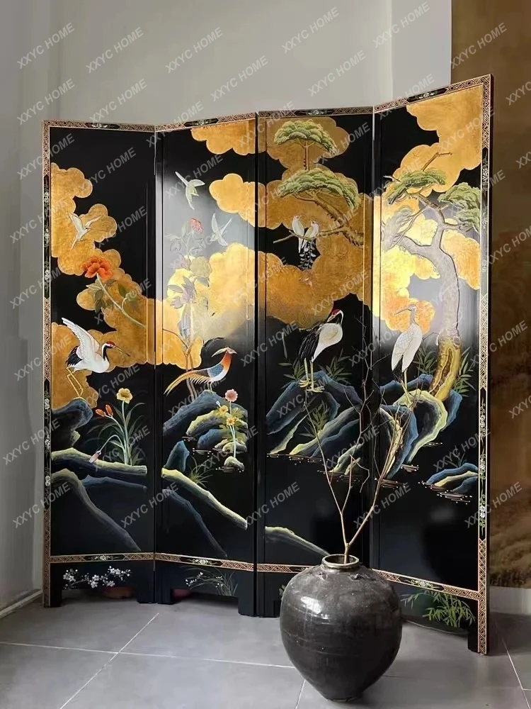 Medieval black background flower and bird folding screen retro lacquer painting living room entrance partition decorative