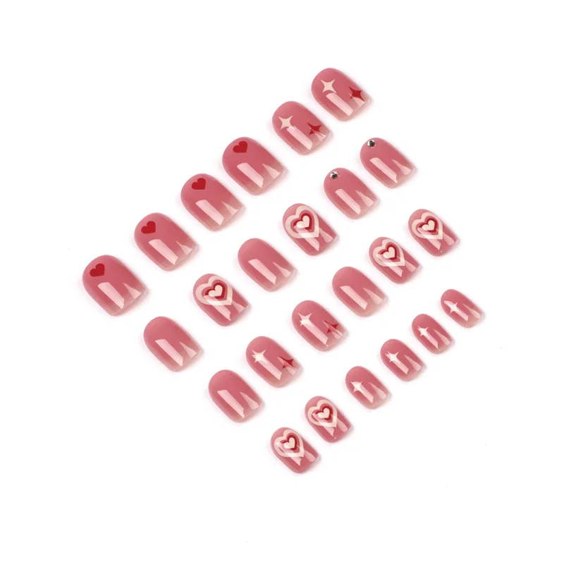 Artificial Pink Blush Coração Pregos Falsos com Cola, Unhas Postiças Quadradas Curtas, Adesivo, Pressione as Unhas, Acrílico Nail Art, Doce, 24Pcs