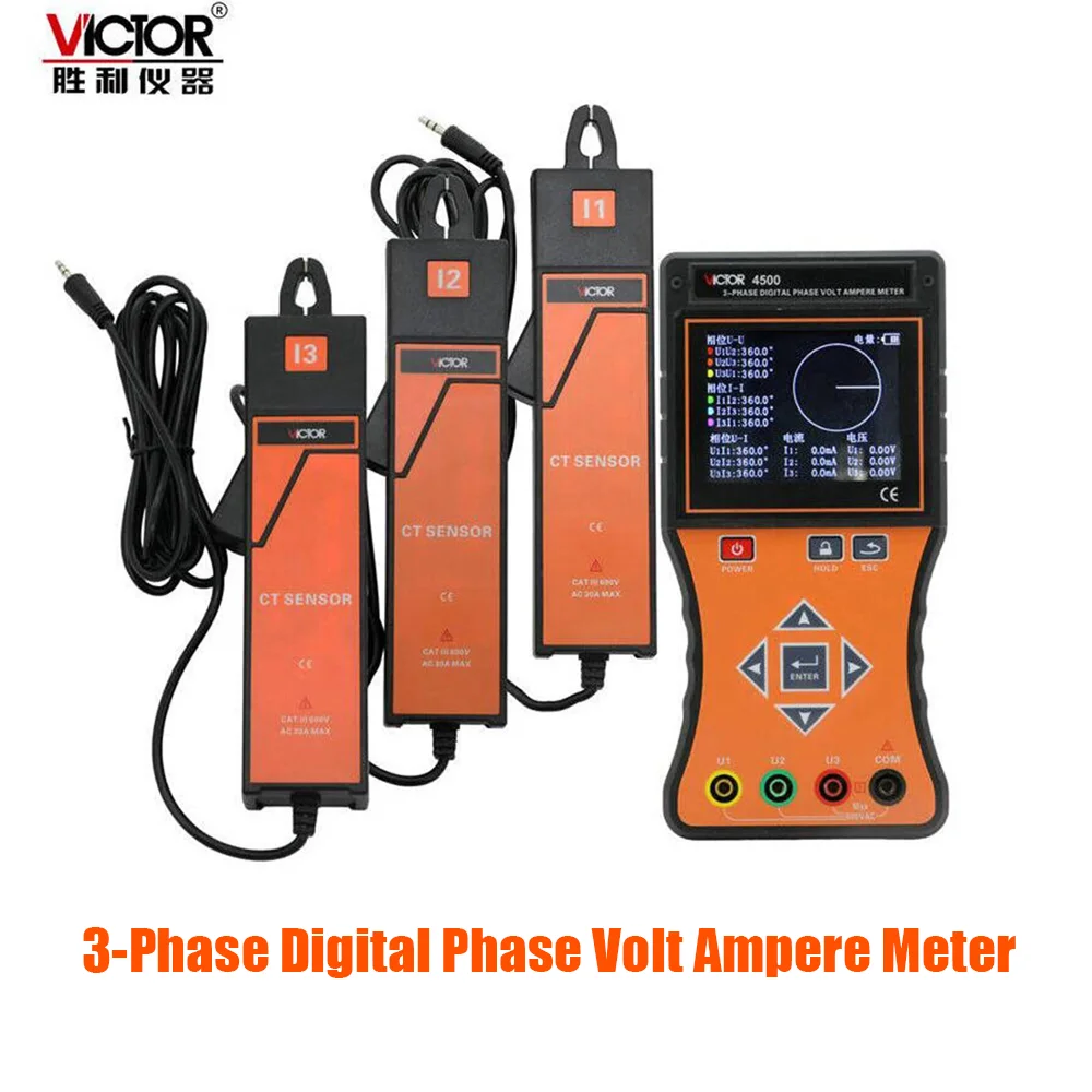 

Victir 4500 Цифровой фазовый вольт-амперметр с 3 зажимами 3,5-дюймовый цветной экран для полевого тестирования Фазовый вольтамперметр 600 В 0 мА-20 А 12 кВт