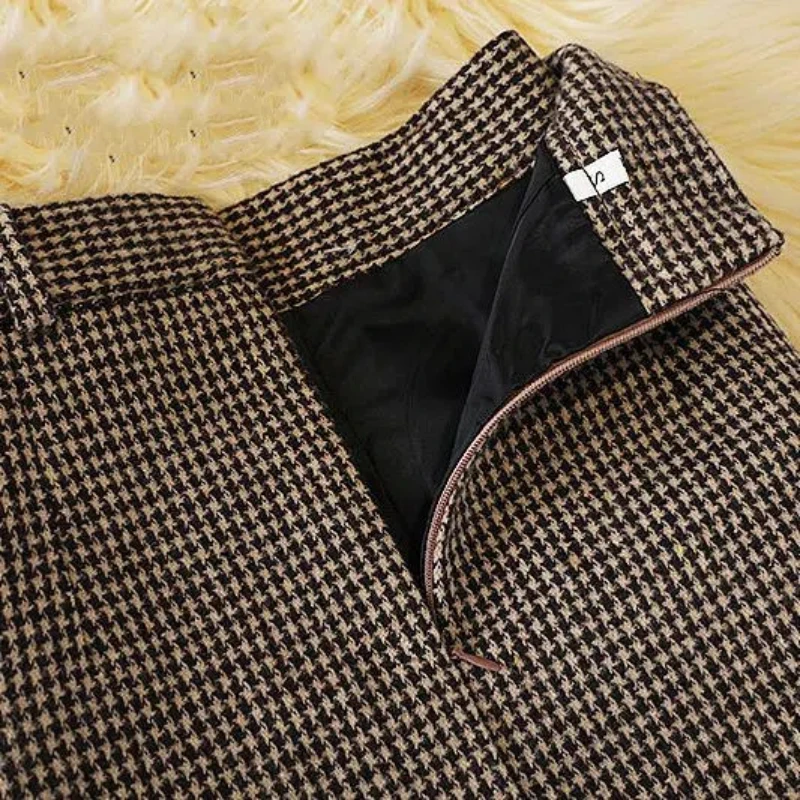 Moda w stylu vintage jesienno-zimowa damska Houndstooth kieszeń na zamek błyskawiczny szarfy prostota na co dzień szczupła średniej długości linia A