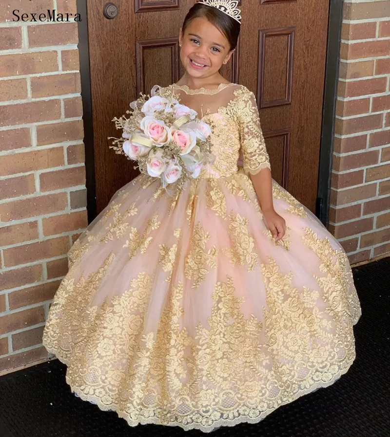 

Gold Lace Appliqued Flower Girl Dresses with Bow Princess Holy First Communion Dress Pageant Birthday Gown with Big Bow