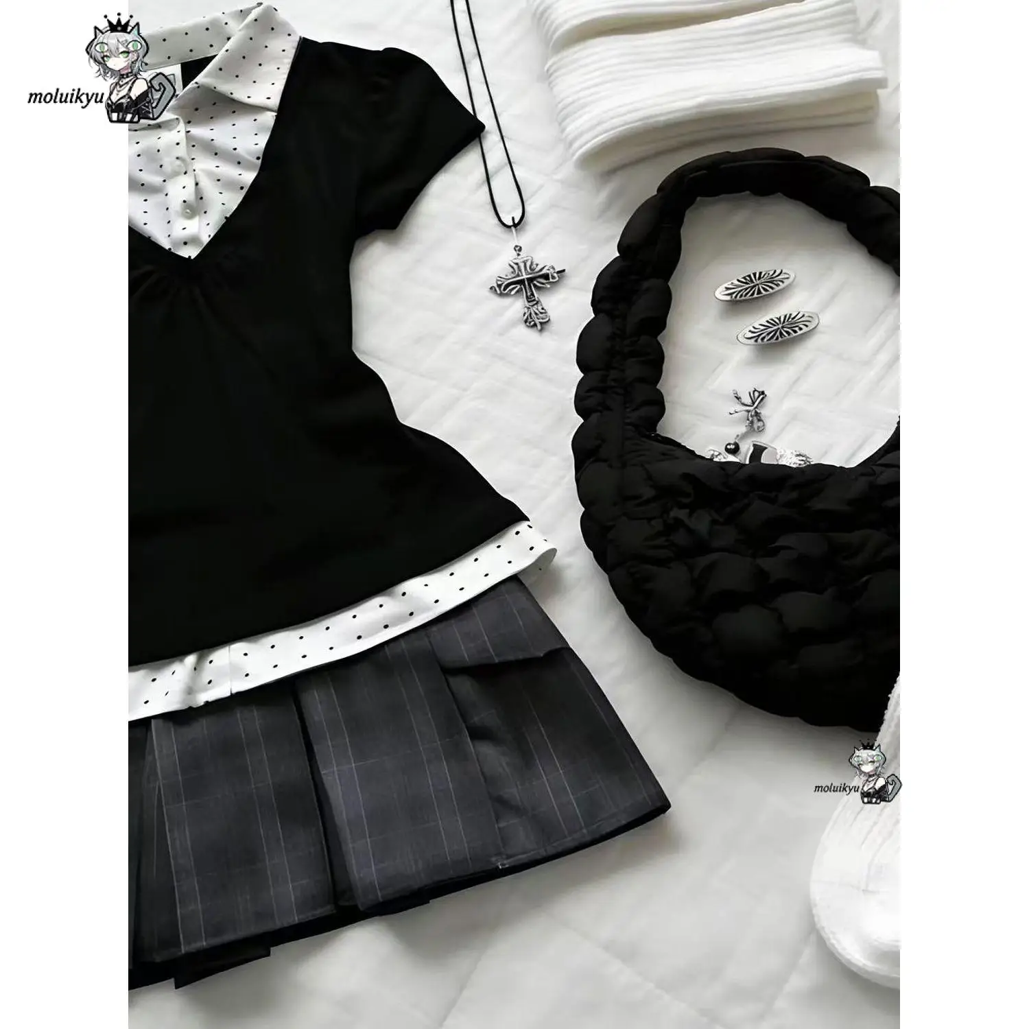 Y2K Preppy Two Piece Outfit Fake Two Piece Polka Dot Collar Short Sleeve High Waist Plaid Pleated Mini Skirt Streetwear Women - view 2