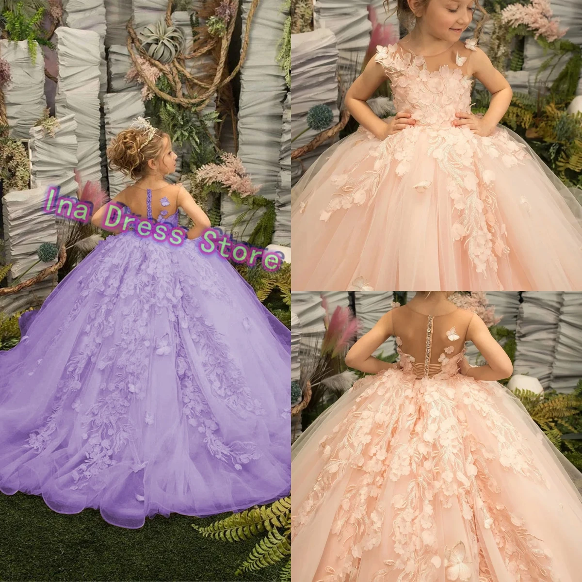 

Quality Gorgeous Flower Girl Dress for Weddings Princess Dresses 3D Appliques Toddlers Ruffled Pageant Kids Birthday Party Gowns