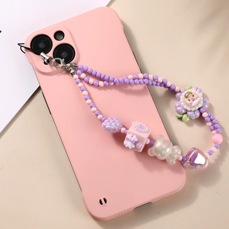 Sweet Acrylic Mobile Phone Chain Cartoon Flower Heart Bow Beaded Cellphone Strap For Women Girls Anti-Lost Phone Chain Jewelry