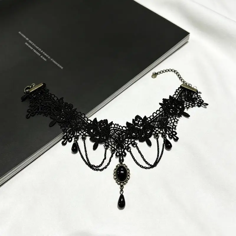 Neue Sexy Gothic Choker Kristall Schwarze Spitze Halskette Vintage Damen Choker Steampunk Schmuck – Detail 11