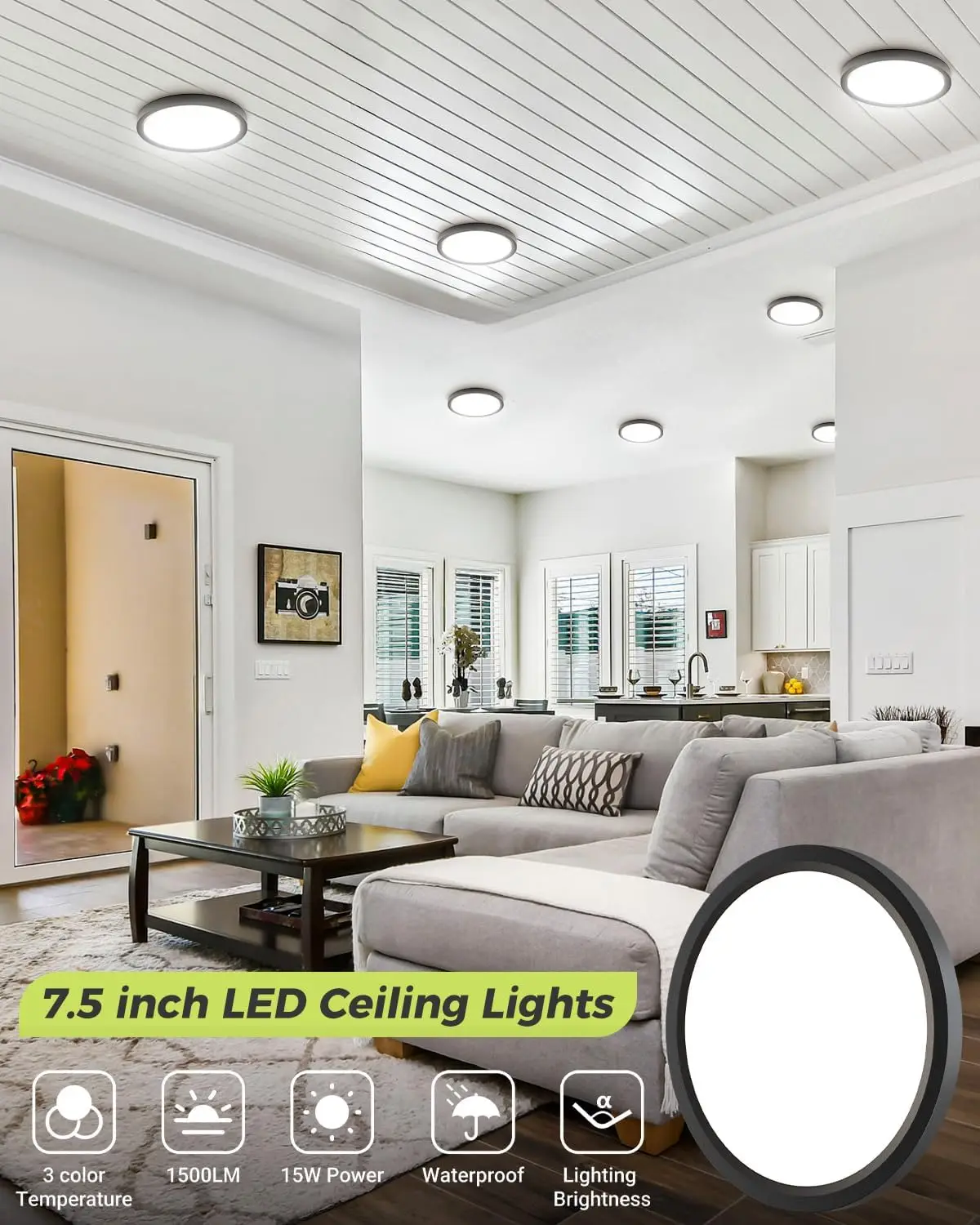 Recesso LED luz de teto, Flush Mount Lâmpada, 3Ct selecionável, 3000K-4000K-6500K, 100W Equivalente, Cozinha Moderna, 6Pack