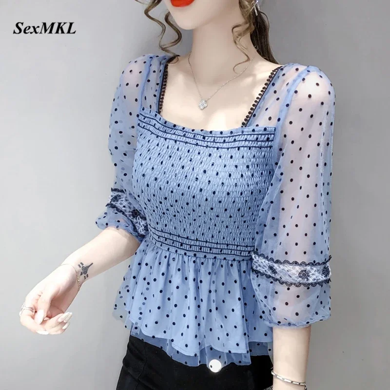 New Fashion Summer Vintage Blouses Women 2024 Sexy Korean Casual Polka Dot Printed Chiffon Blouse Ladies Slim French Corset Top