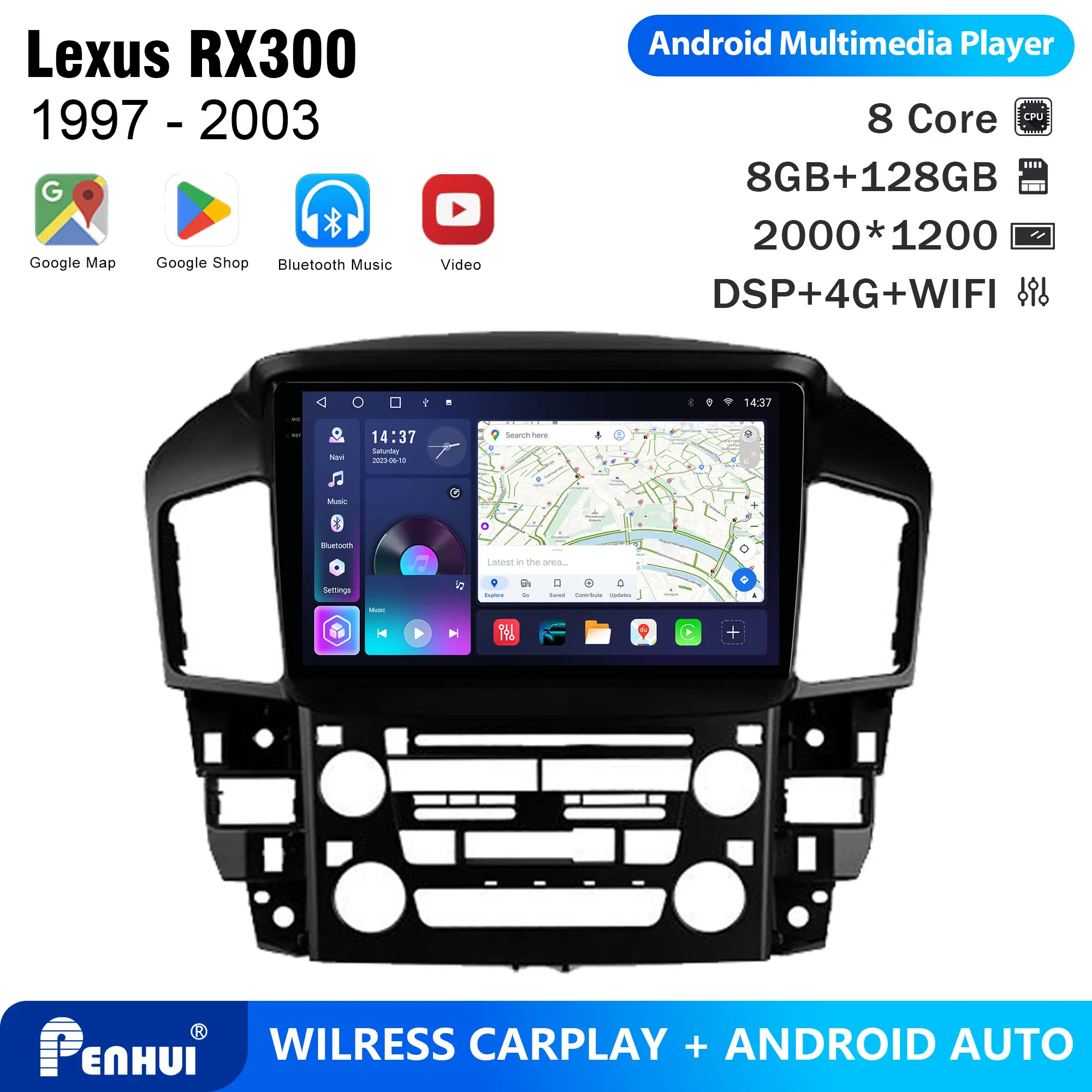 Penhui Android Car DVD Player 2 Din for Lexus RX300 1997 - 2003 Multimedia Screen with DSP, Bluetooth, Audio & CarPlay
