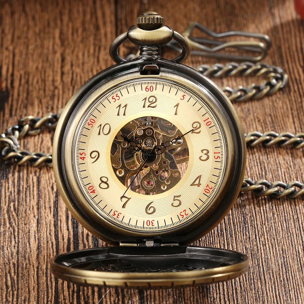 Vintage Bronze Mechanical Hand Winding Pocket Watch Half Hunter Horses Design Arabic Numerals Dial Fob Chain Pendant Clock Gift
