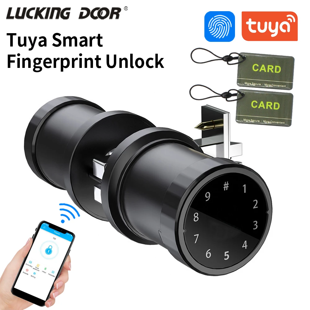 Zinc-alloy Bluetooth Tuya Fingerprint Ball Handle Smart Lock for Wooden Iron Door by App Fingerprint Card Password Key Unlock