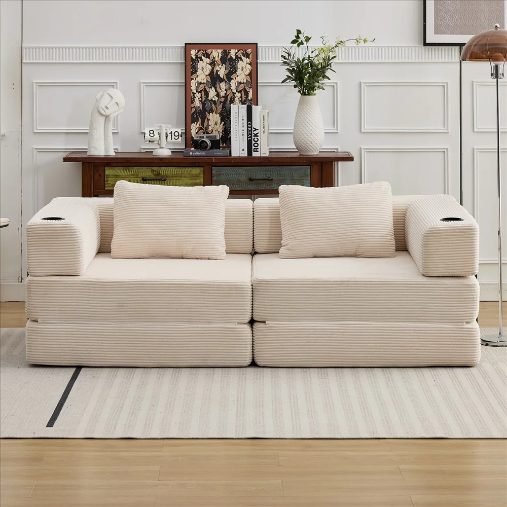 Modernes Frei Kombinierbares Modulares Ecksofa Olivgrüner Cord Convertible Couch mit Getränkehaltern Platzsparende Möbel – Detail 13