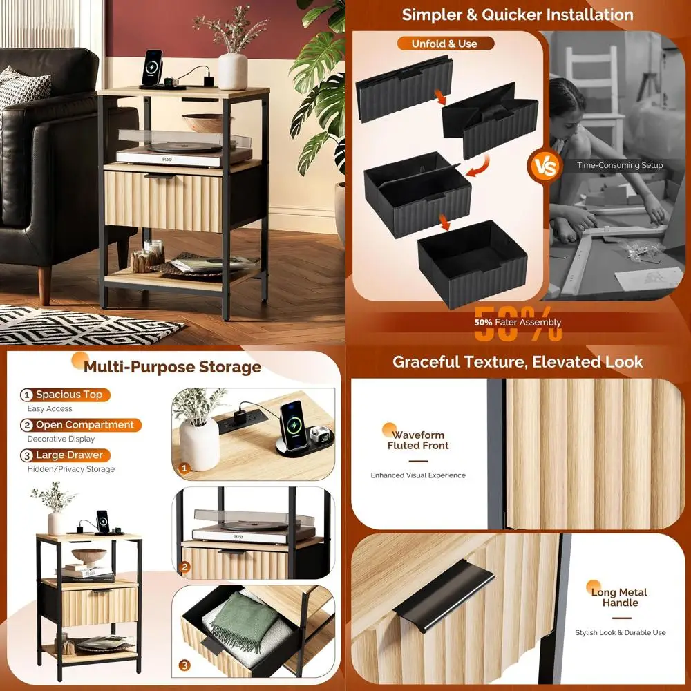 

Комплект из 2-х прикроватных тумбочек из дуба с тканевыми ящиками, зарядной станцией, полкой для хранения и крючком для спальни/гостиной