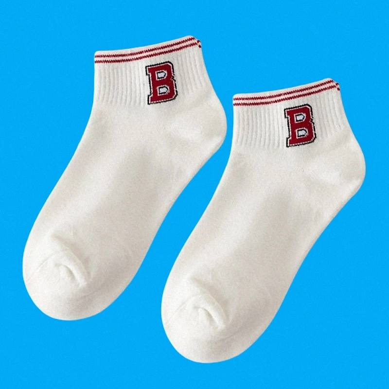 Calcetines de algodón de tubo medio para mujer, medias de alta calidad con letras, estilo universitario, doble barra, color blanco, para las cuatro estaciones, 5/10 pares