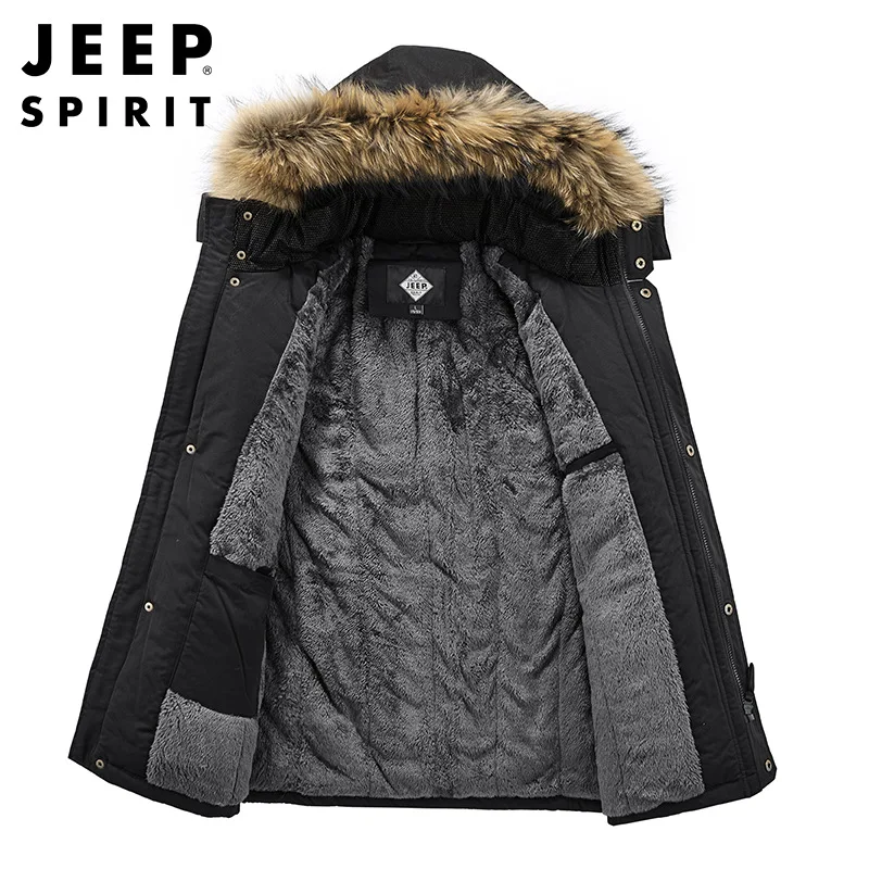 JEEP SPIRIT warm cotton coat men autumn winter coat thickened velvet windproof  cold-proof big fur collar high-quality clothes