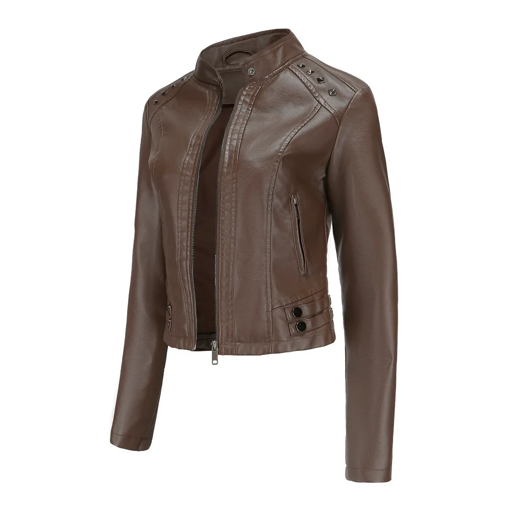 Women's Rivet PU zipper Leather Coat, Black Motorcycle Jacket, Standing Collar, Korean Punk Rock Fashion, Autumn and Winter