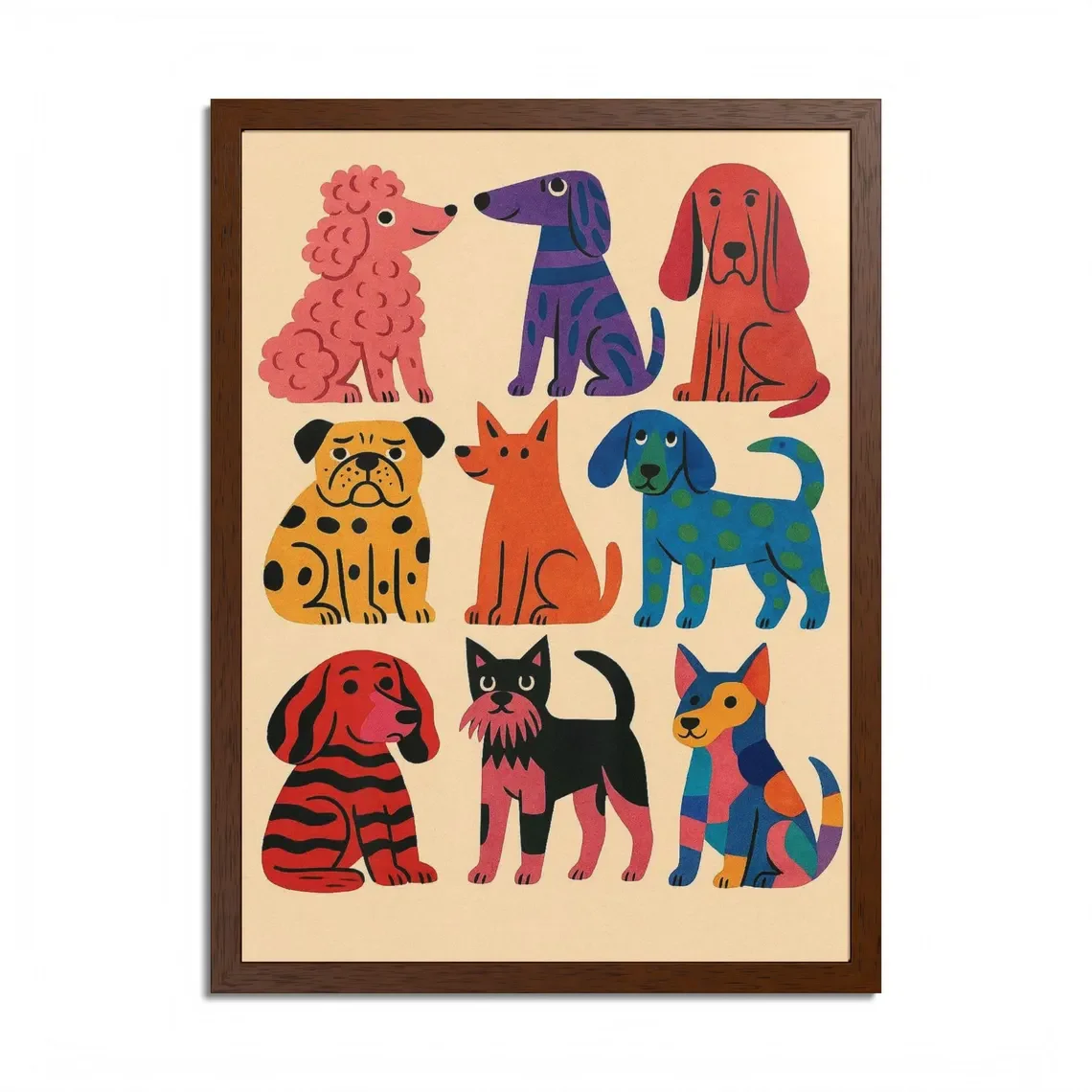 Verspielte, farbenfrohe Hundegruppe als Wandkunstdruck – Lebendige Hundeillustration im Retro-Stil, ein fröhliches Statement-Element für Kinderzimmer
