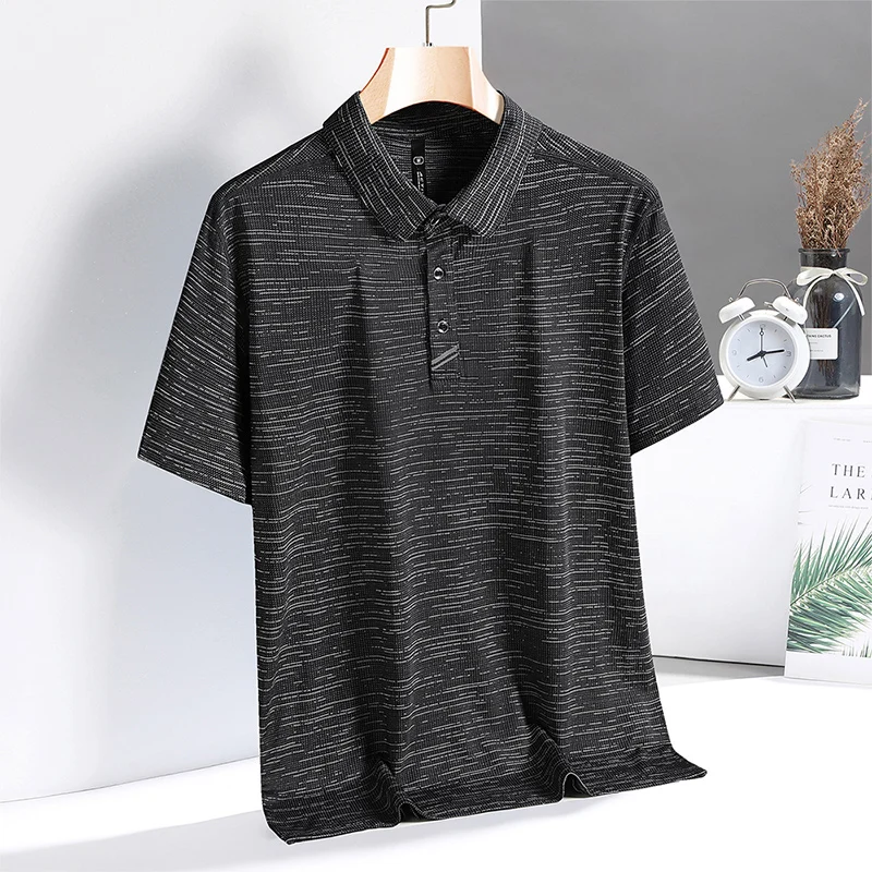 Korea Style Solid 2024 Brand Fashion Silk Polo Shirts Short Sleeve Men\'s Black White Summer Breathable Tops Tee Oversize 5XL