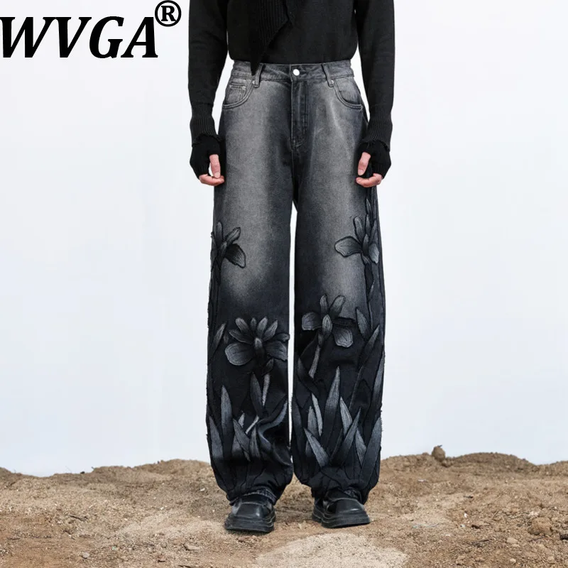 WVGA Spring Autumn New Men's Tide Patchwork Floral Heavy Trendy Washed Denim Straight Jeans Niche Chic Casual Streetwear W22387